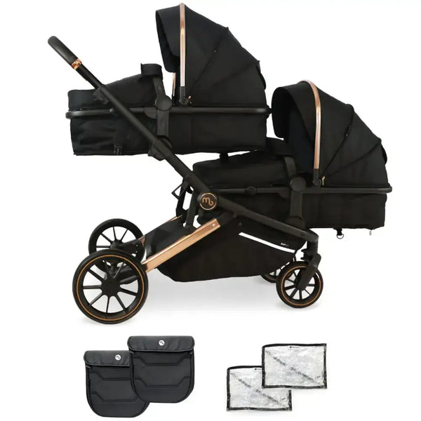 My Babiie Pushchair Bundle with accessories (No Car Seats) My Babiie MB33 Tandem Single to Double Pram -  Black & Rose Gold | Twins & Siblings