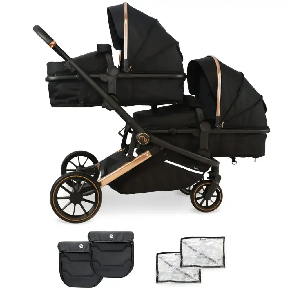 My Babiie Pushchair Bundle with accessories (No Car Seats) My Babiie MB33 Tandem Single to Double Pram -  Black & Rose Gold | Twins & Siblings