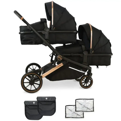 My Babiie Pushchair Bundle with accessories (No Car Seats) My Babiie MB33 Tandem Single to Double Pram -  Black & Rose Gold | Twins & Siblings