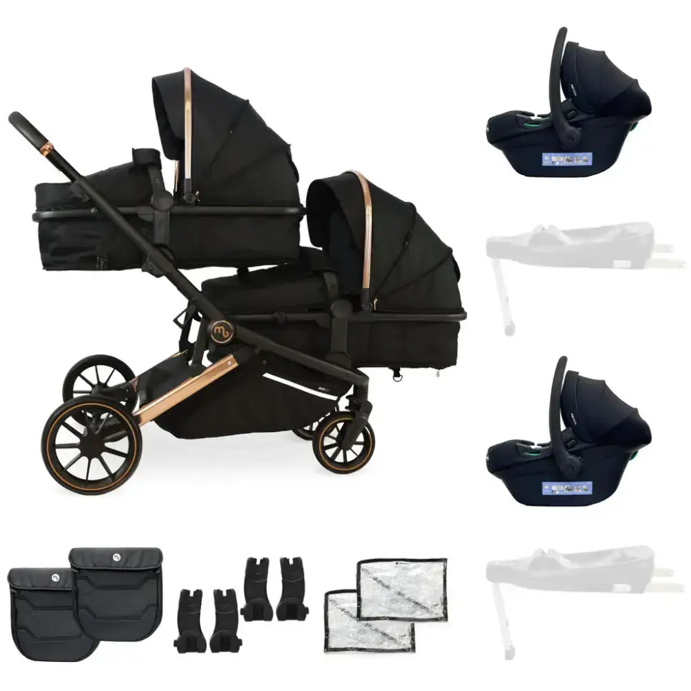 My Babiie Add Two i-Size Infant Carriers My Babiie MB33 Tandem Single to Double Pram -  Black & Rose Gold | Twins & Siblings