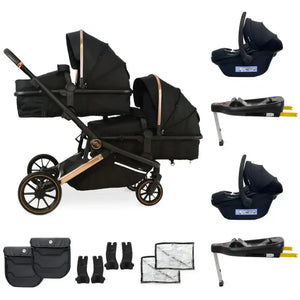 My Babiie Add Two i-Size Infant Carriers + Two Isofix Bases My Babiie MB33 Tandem Single to Double Pram -  Black & Rose Gold | Twins & Siblings
