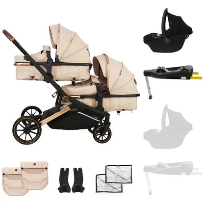 My Babiie MB33 Tandem Single to Double Pram - Giraffe Print - Add One i-Size Infant Carrier with Isofix Base