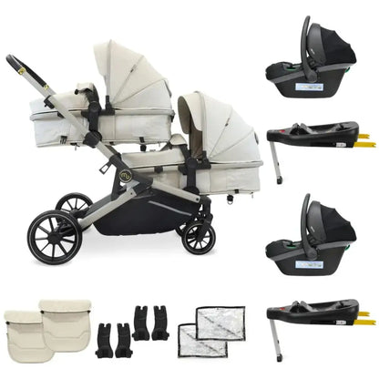 My Babiie MB33 Tandem Single to Double Pram - Ivory My Babiie Add Two i-Size Car Seats + Two Isofix Bases