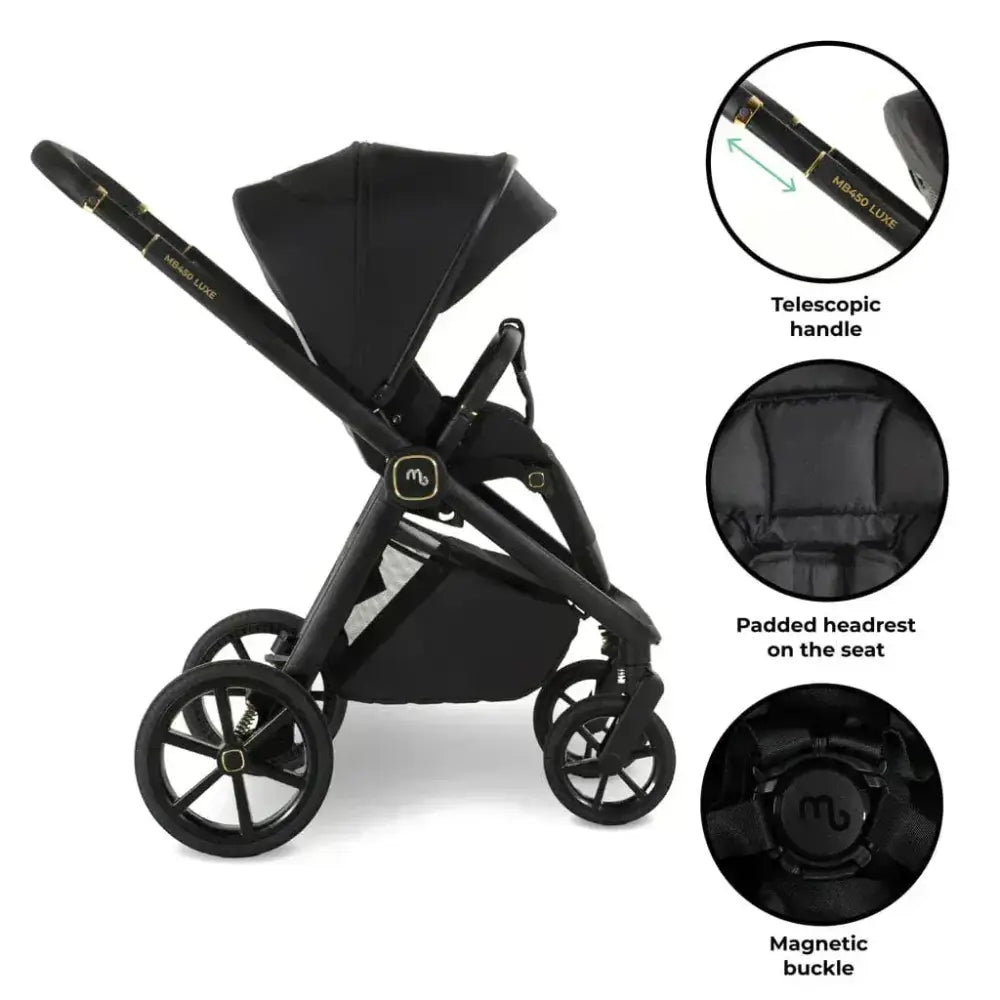 My Babiie MB450 Luxe 3-in-1 Travel System with Spin and Slide Car Seat and Isofix– Black My Babiie
