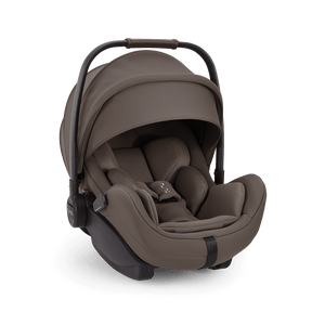Brown fabric nuna arra flex car seat with black metal frame featuring sleek modern design and flat recline i size baby seat