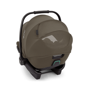 Brown nuna arra flex car seat with mesh window and black frame flat recline i-size baby seat 0 to 13kg