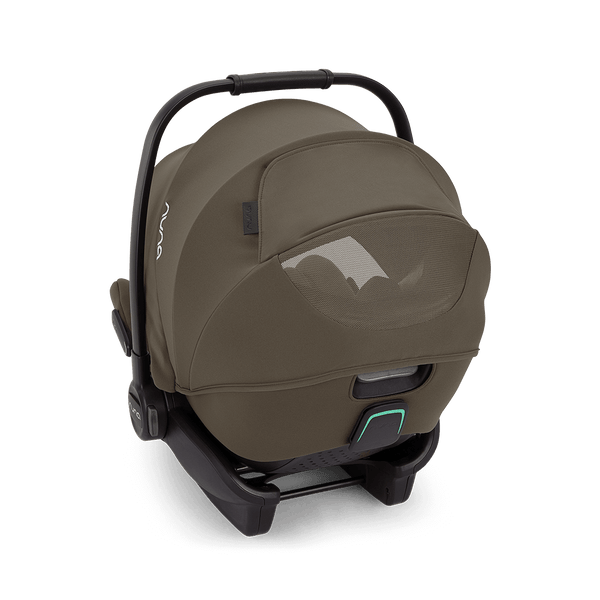 Brown nuna arra flex car seat with mesh window and black frame flat recline i-size baby seat 0 to 13kg