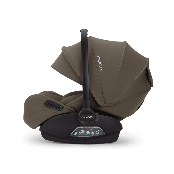 A sleek taupe nuna arra flex baby car seat with modern design and black base for flat recline i-size use