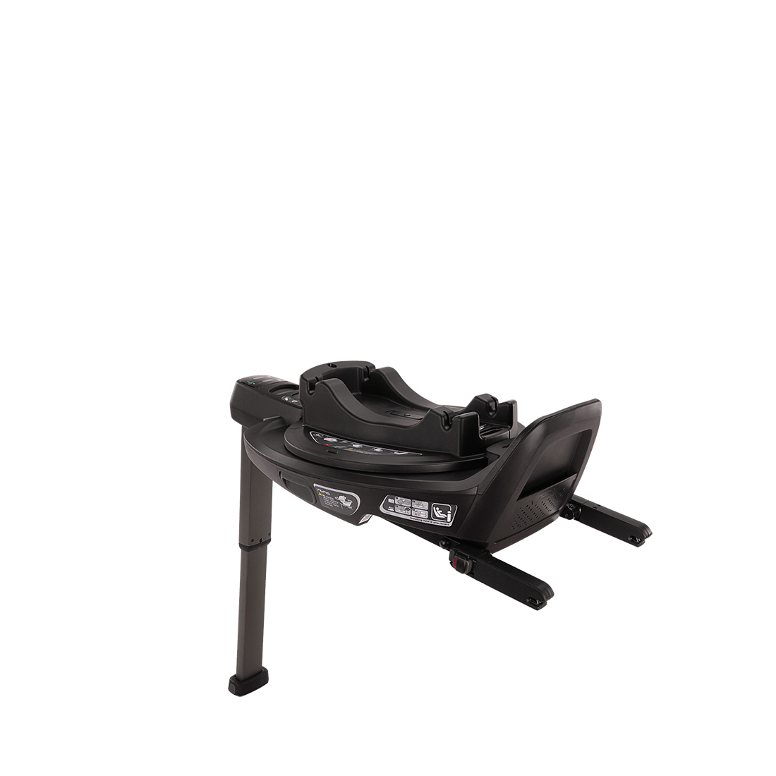 Black plastic Nuna BASE curv ISOFIX infant car seat base with adjustable legs and safety labels for secure installation