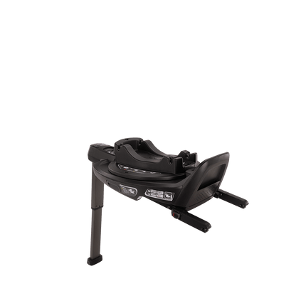 Black plastic Nuna BASE curv ISOFIX infant car seat base with adjustable legs and safety labels for secure installation