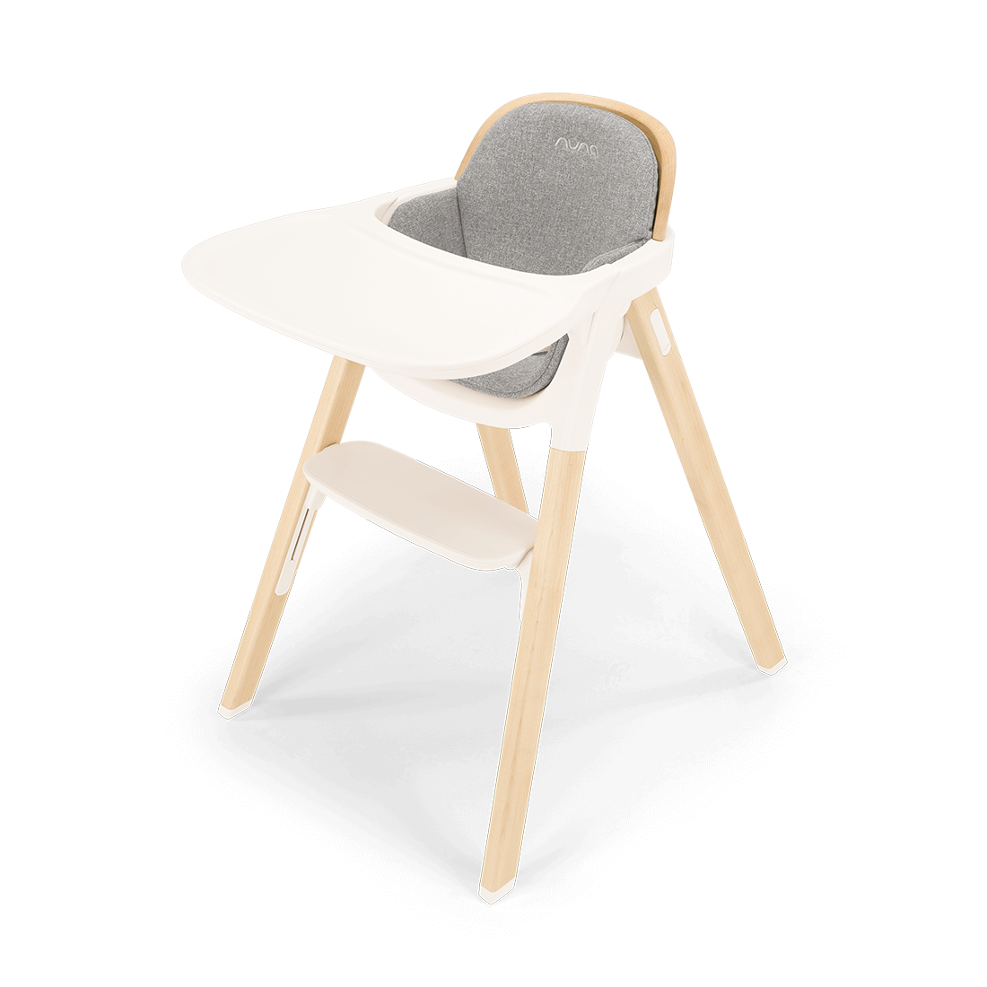 Nuna BRYN highchair with white plastic tray light wood frame and gray cushioned seat with oeuf logo