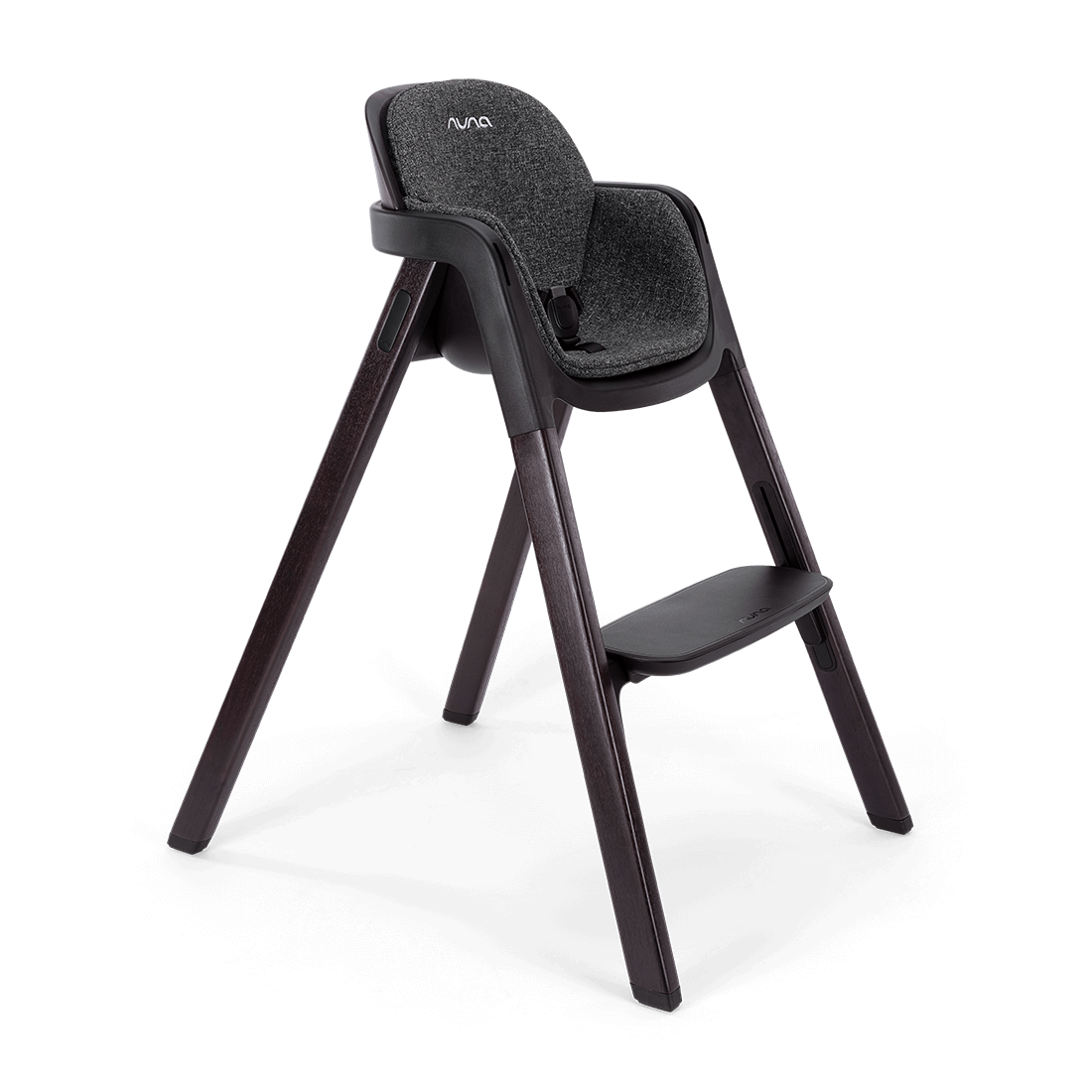 Nuna BRYN highchair metro dark gray textured fabric with sleek wooden legs minimalist design back view with logo