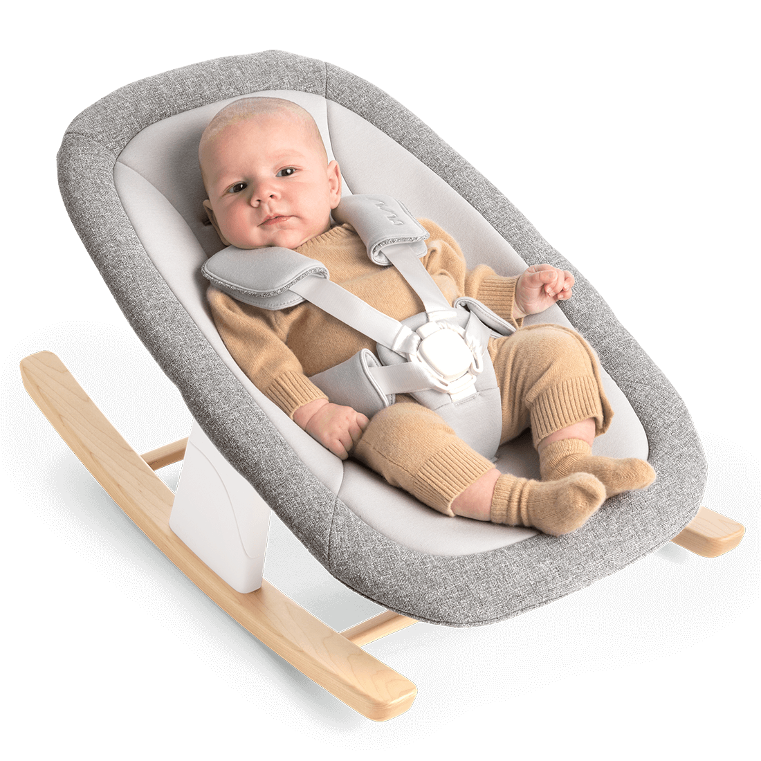 Nuna bryn newborn rocker in heritage gray textured fabric with light wood rockers and white safety harness