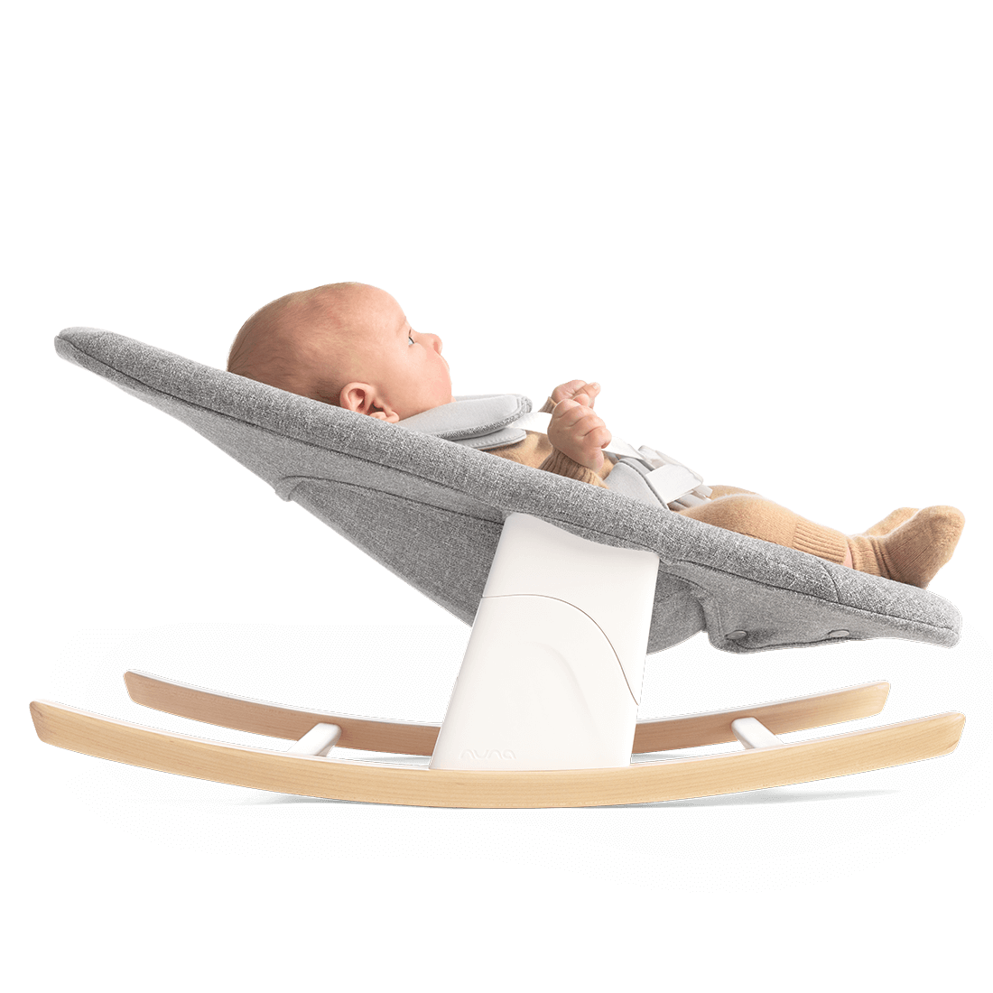 Nuna BRYN newborn rocker in gray fabric with white support and light wood rocking base for soothing babies