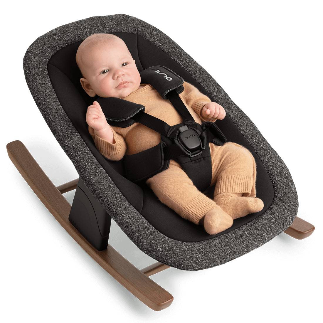 Gray textured fabric Nuna BRYN newborn rocker with wooden rockers and black safety harness in sanderson style
