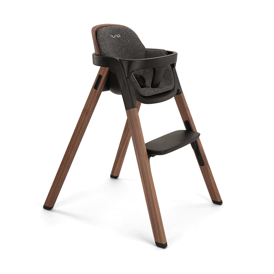 Modern wooden nuna bryn highchair with dark gray upholstered seat and backrest and black plastic accents in sanderson