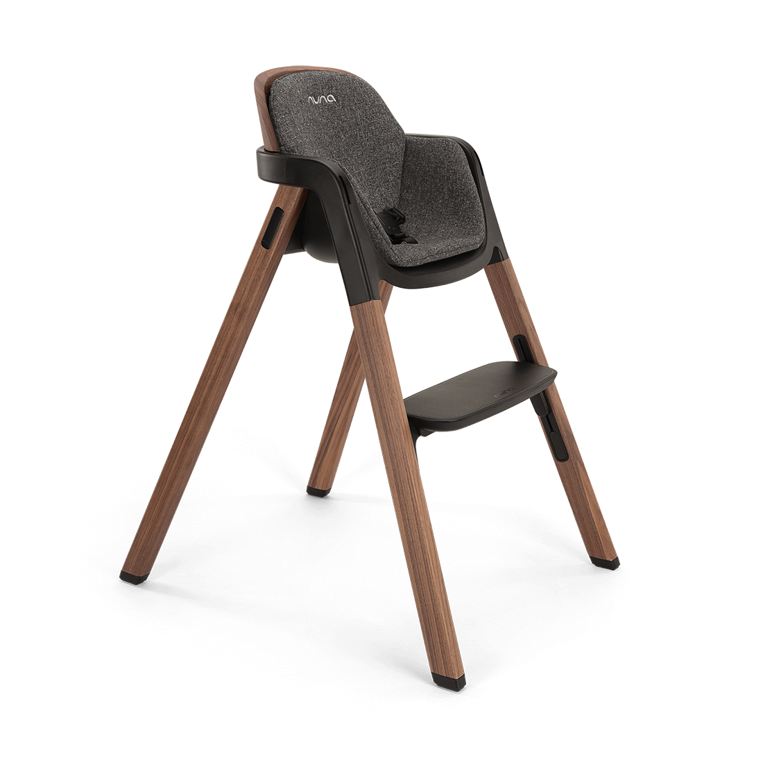 Modern wooden nuna bryn highchair with gray textured fabric seat black accents and nuna logo in sanderson finish