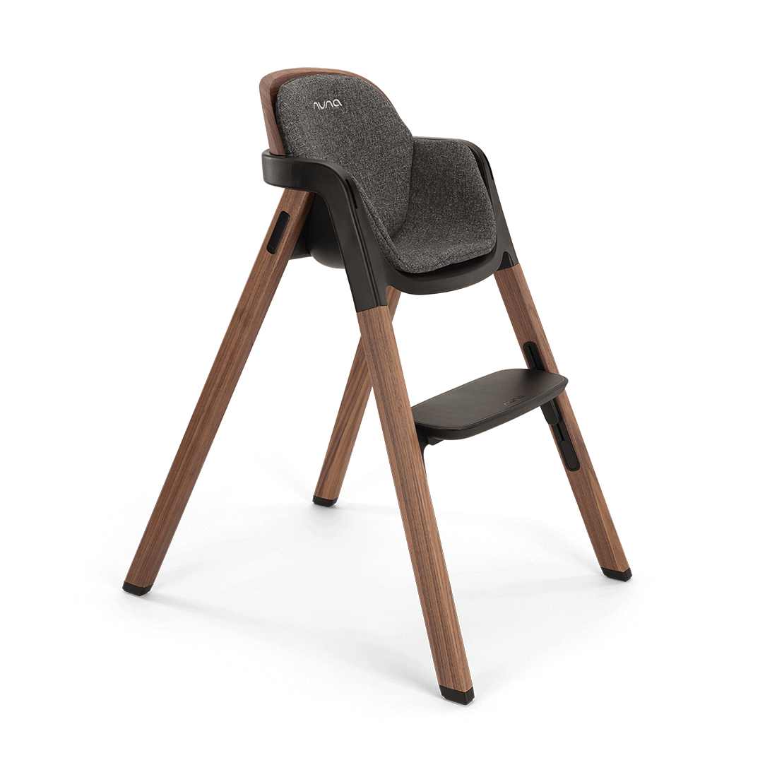 Nuna BRYN highchair featuring a modern wooden frame with dark gray upholstered seat and black plastic accents