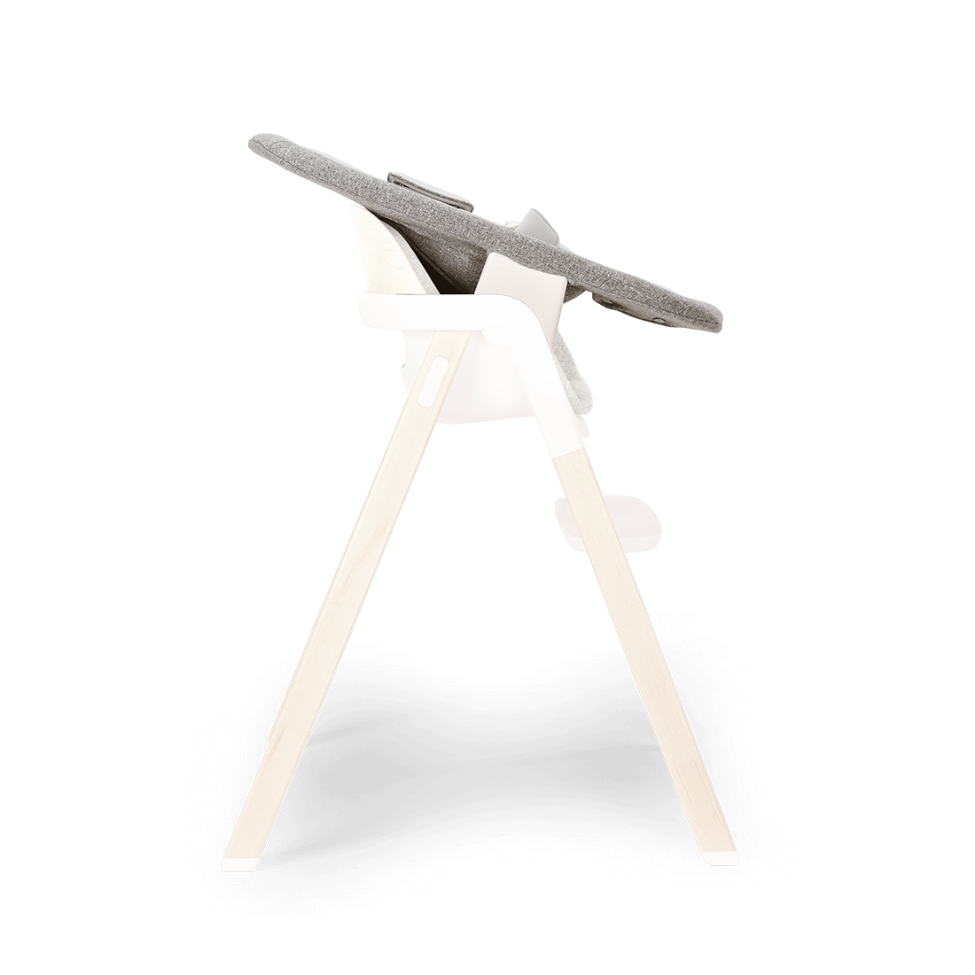 Modern high chair with gray fabric seat white plastic frame and light wood legs in Nuna BRYN newborn rocker heritage style