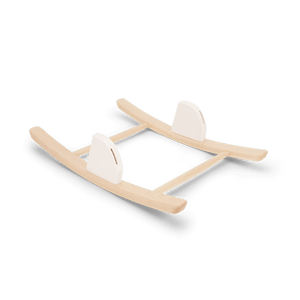Light wood rocking horse with white plastic seats in nuna bryn highchair and newborn rocker bundle heritage edition