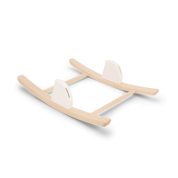 Light wood rocking horse with white plastic seats in nuna bryn highchair and newborn rocker bundle heritage edition