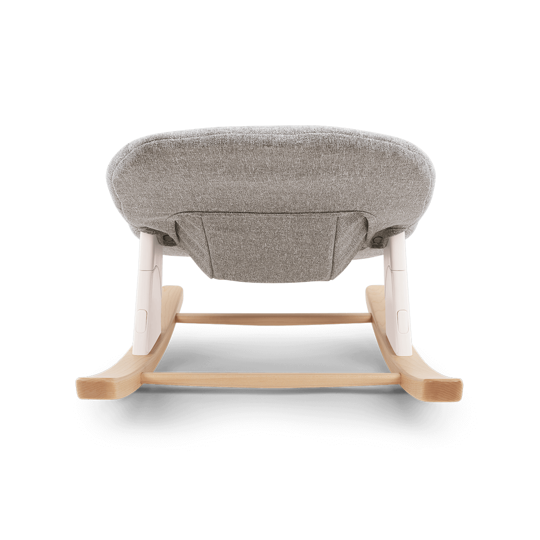 Nuna bryn newborn rocker with gray textured fabric seat and light wood frame with white plastic accents