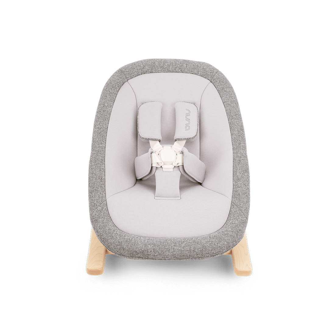 Gray and white fabric nuna bRYN newborn rocker with wooden legs designed for infant comfort and soothing motion