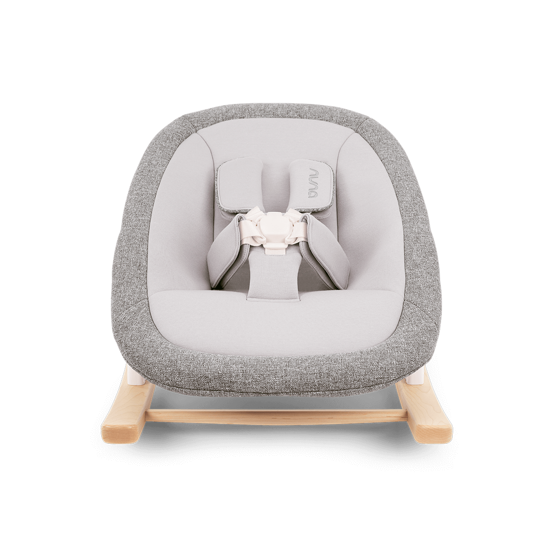 Nuna bryn newborn rocker with gray textured fabric, light wood base, and white safety harness for infants
