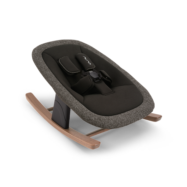 Modern black and gray textured fabric Nuna BRYN newborn rocker with wooden rockers in Sanderson design