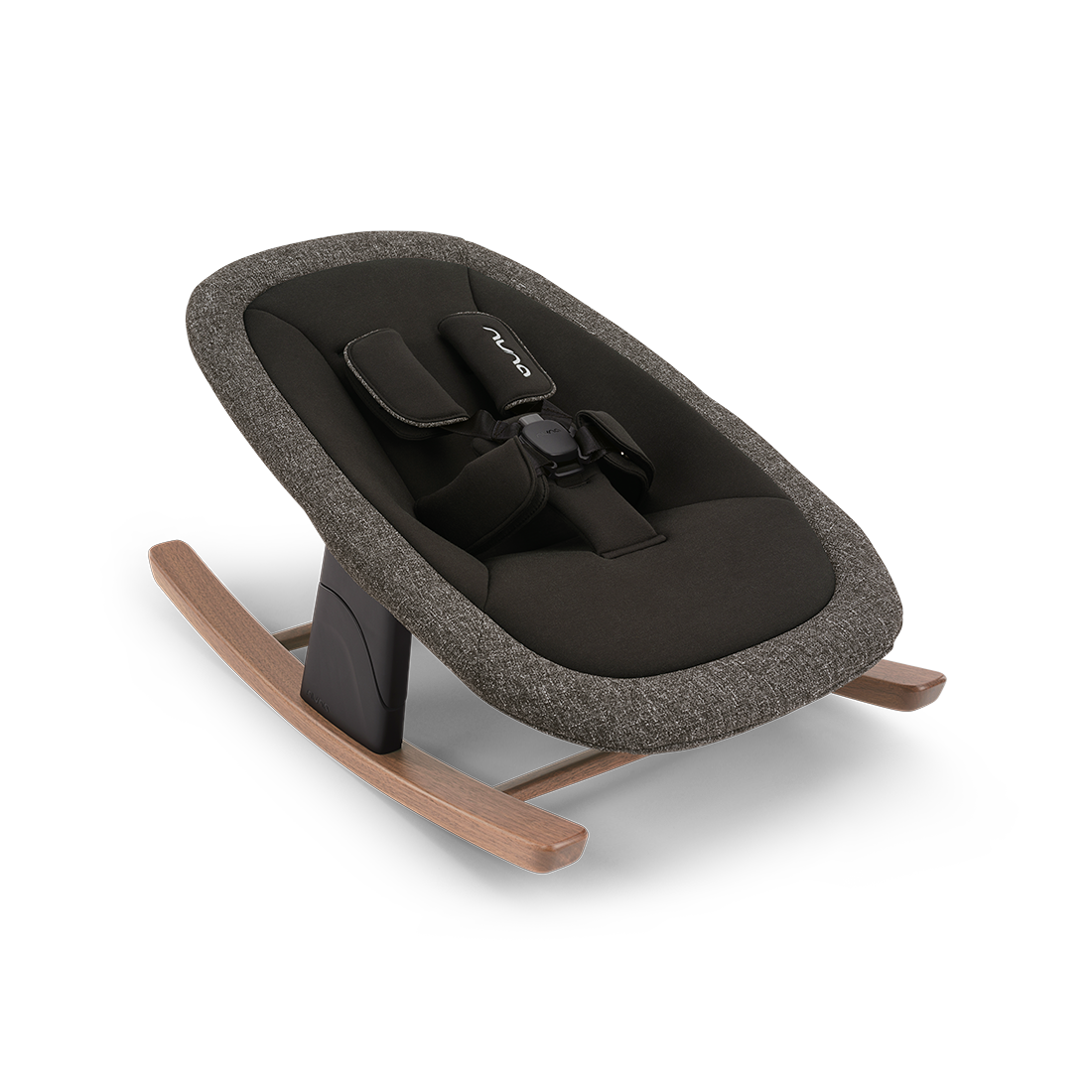 Modern black and gray textured fabric baby rocker with wooden rockers nuna bryn newborn rocker sanderson