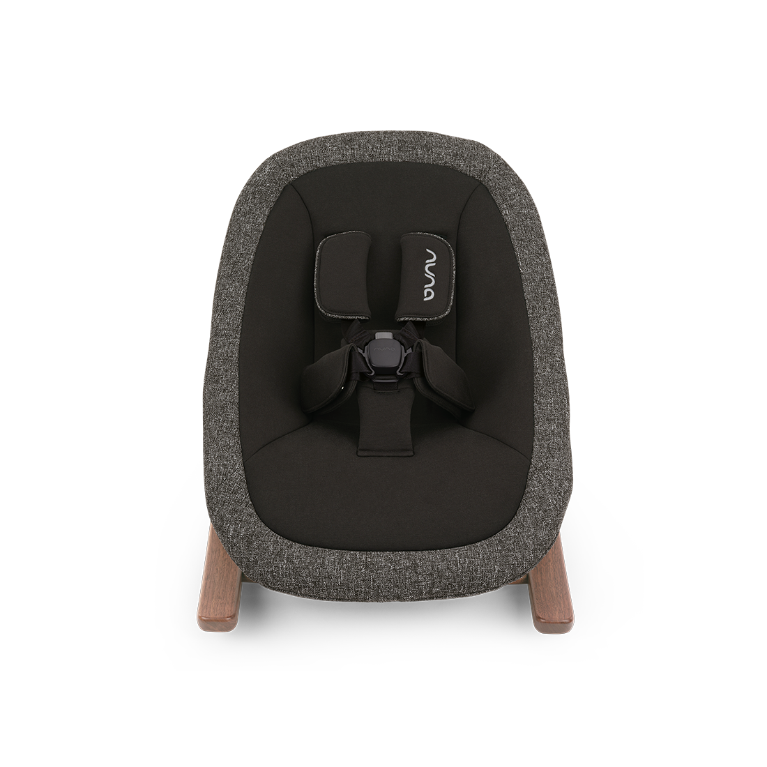 A modern nuna bryn newborn rocker baby bouncer with textured charcoal gray fabric and light wood legs