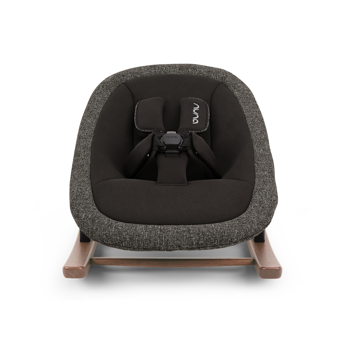 Nuna BRYN newborn rocker in sanderson with charcoal gray textured fabric and light wood tone rockers