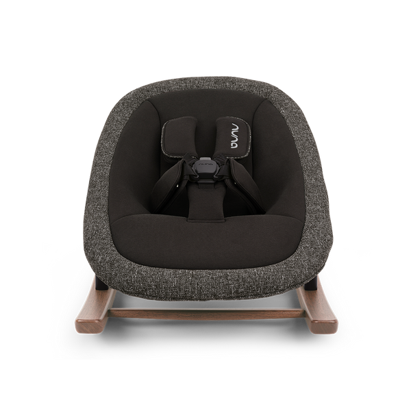 Nuna BRYN newborn rocker in sanderson with charcoal gray textured fabric and light wood tone rockers
