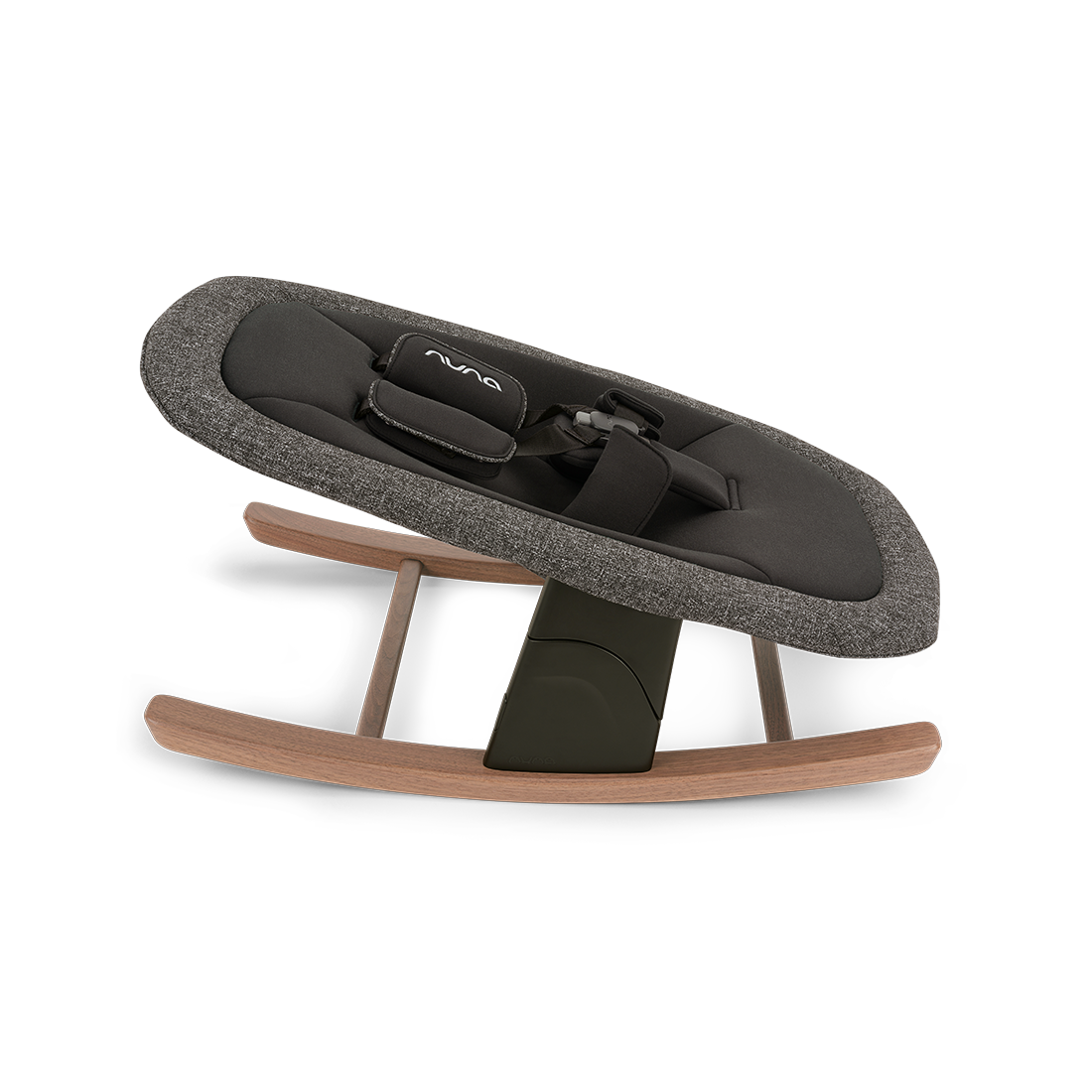 Nuna BRYN newborn rocker with textured charcoal gray fabric, black padded interior, and adjustable safety straps