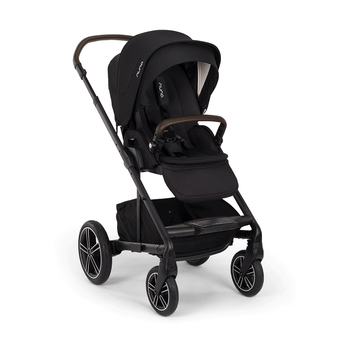Black nuna mixx next stroller with sleek metal frame and wooden handle accents in caviar color shown from the back side