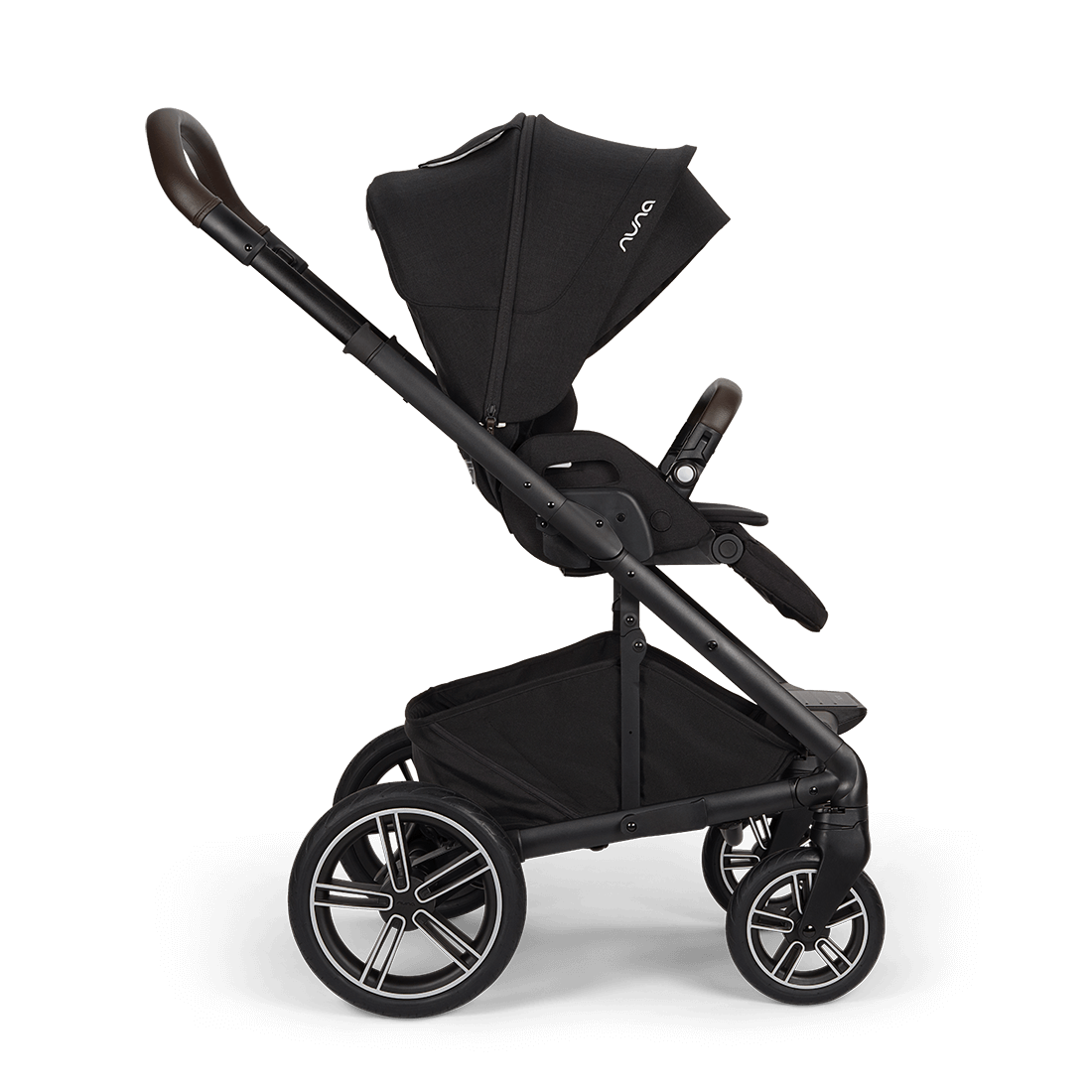Black nuna mixx next stroller with sleek frame leather-like handle grips and silver-accented wheels in caviar color