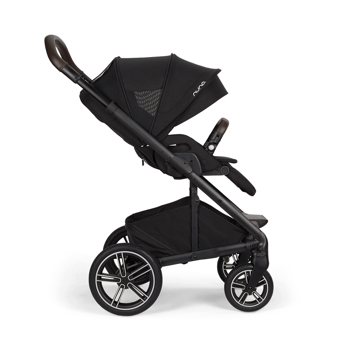 Black nuna mixx next stroller caviar with sleek modern design and matte-finished frame shown from the back side
