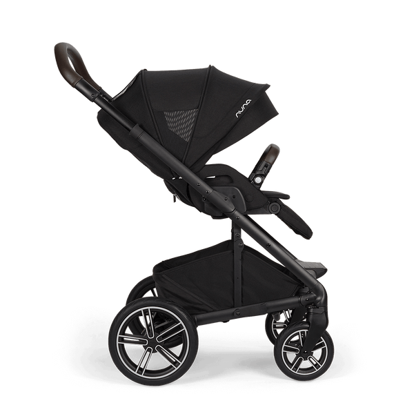 Black nuna mixx next stroller caviar with sleek modern design and matte-finished frame shown from the back side