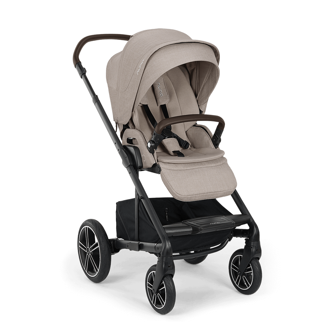 Nuna MIXX NEXT stroller in beige and black with padded fabric seating and alloy wheels in a sleek modern design