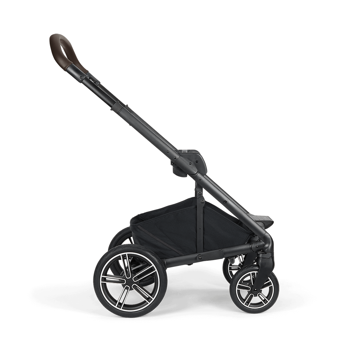 Black Nuna MIXX NEXT stroller with sleek frame brown leather handle and silver accented wheels shown from the back side