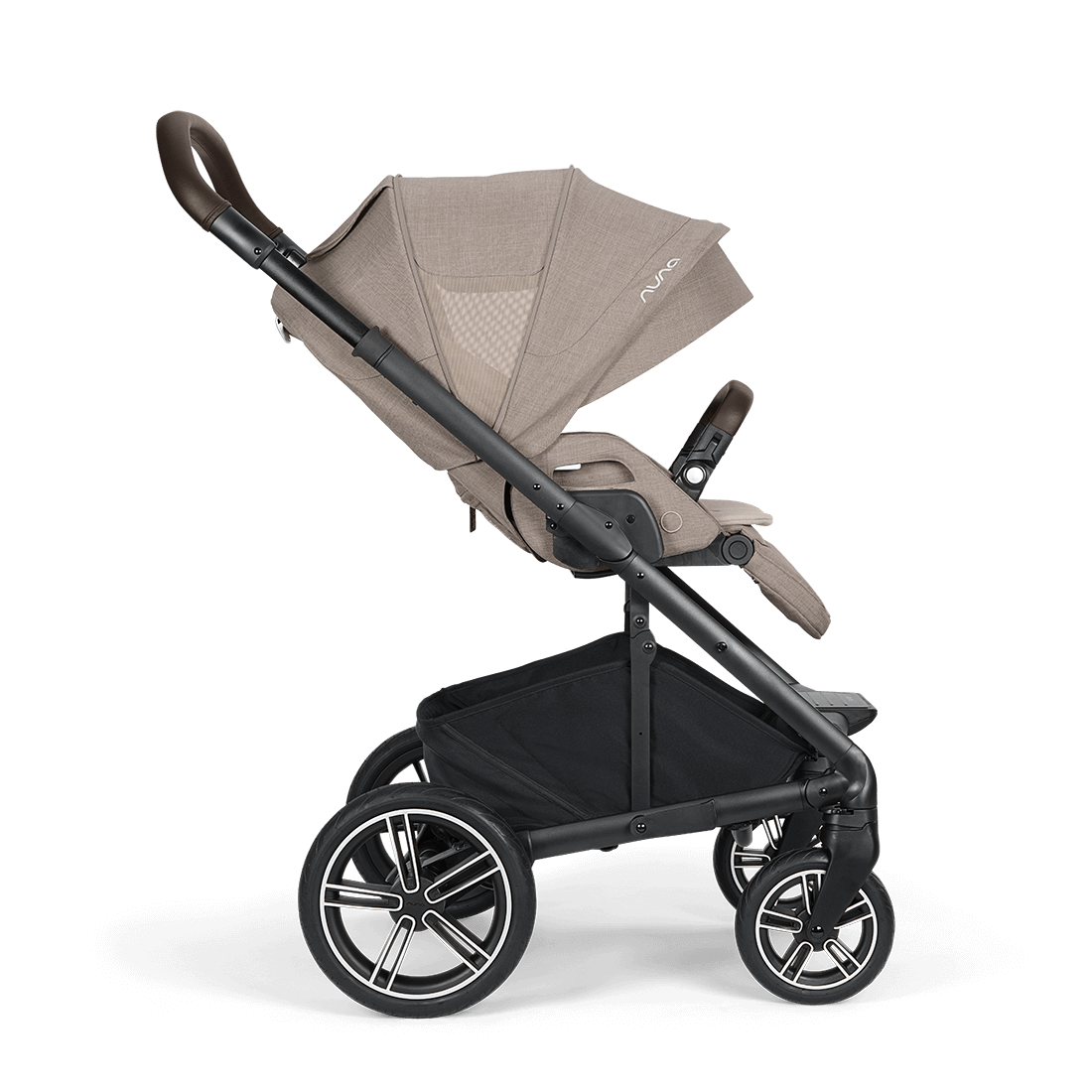 Beige and black nuna mixx next stroller with sleek modern design padded handle grips and multi-spoke wheels