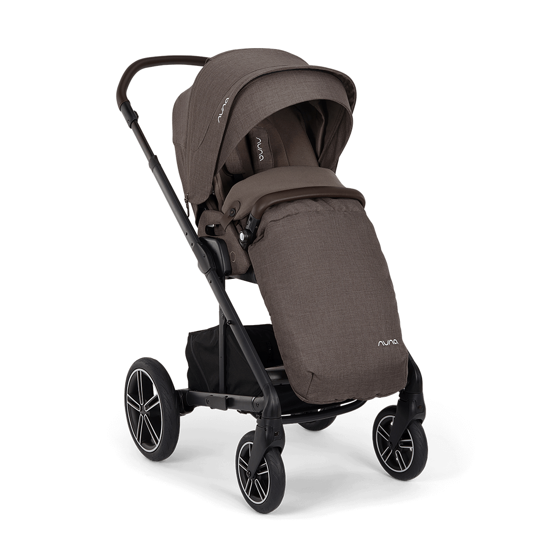 Brown fabric-covered nuna mixx next stroller with black metal frame and wheels in chestnut color showing back side