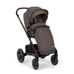 Brown fabric-covered nuna mixx next stroller with black metal frame and wheels in chestnut color showing back side