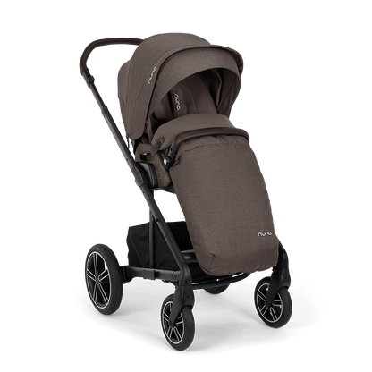 Brown fabric-covered nuna mixx next stroller with black metal frame and wheels in chestnut color showing back side