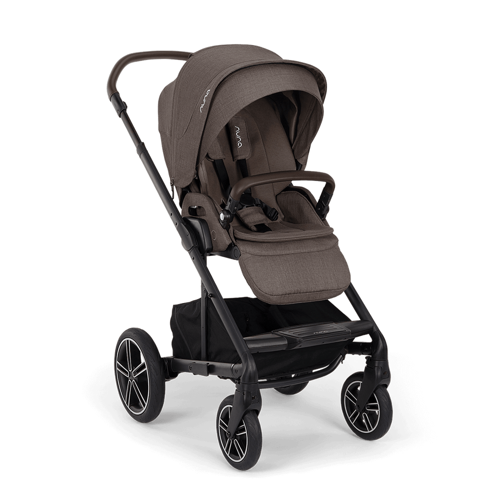 Brown fabric nuna mixx next stroller with black metal frame wheels and sleek design showing the back side