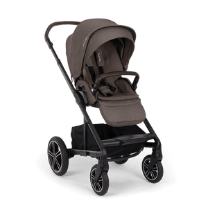 Brown fabric nuna mixx next stroller with black metal frame wheels and sleek design showing the back side