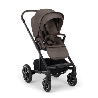 Brown fabric nuna mixx next stroller with black metal frame wheels and sleek design showing the back side