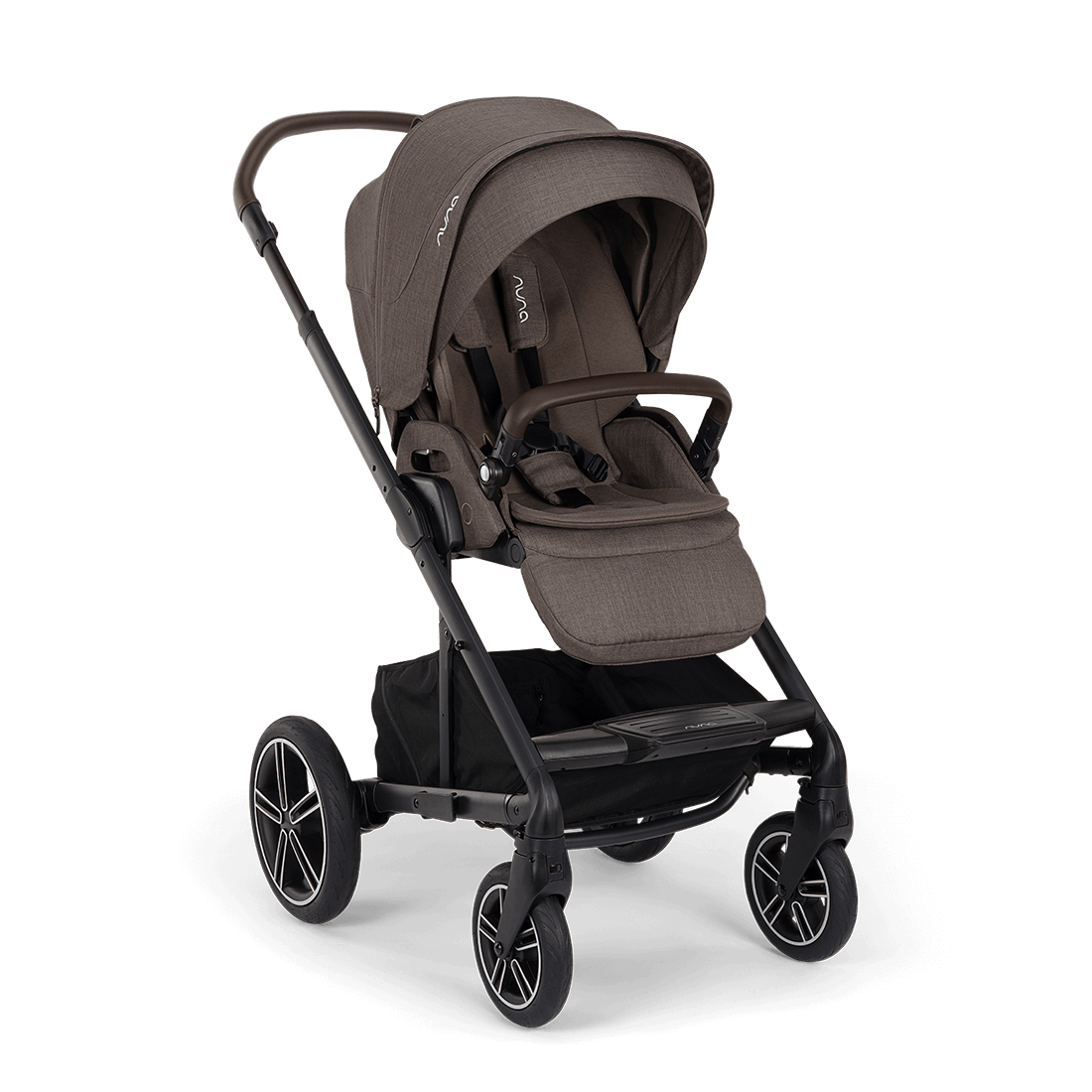 Nuna MIXX NEXT stroller in chestnut brown fabric with black metal frame and wheels featuring sleek nuvo logo design