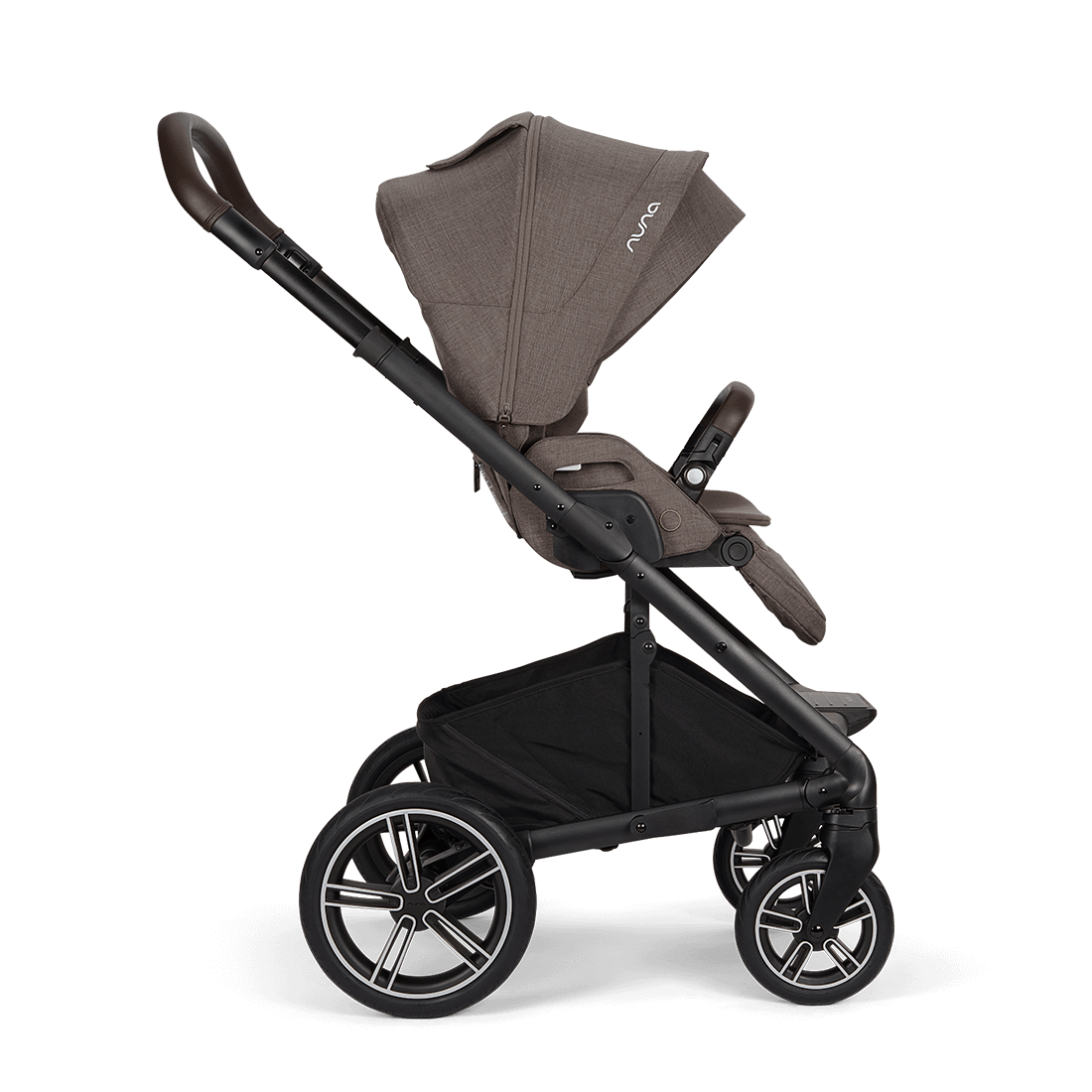 Nuna MIXX NEXT stroller in chestnut brown fabric with black metal frame wheels and nuna logo on the canopy