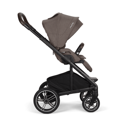 Nuna MIXX NEXT stroller in chestnut brown fabric with black metal frame wheels and nuna logo on the canopy